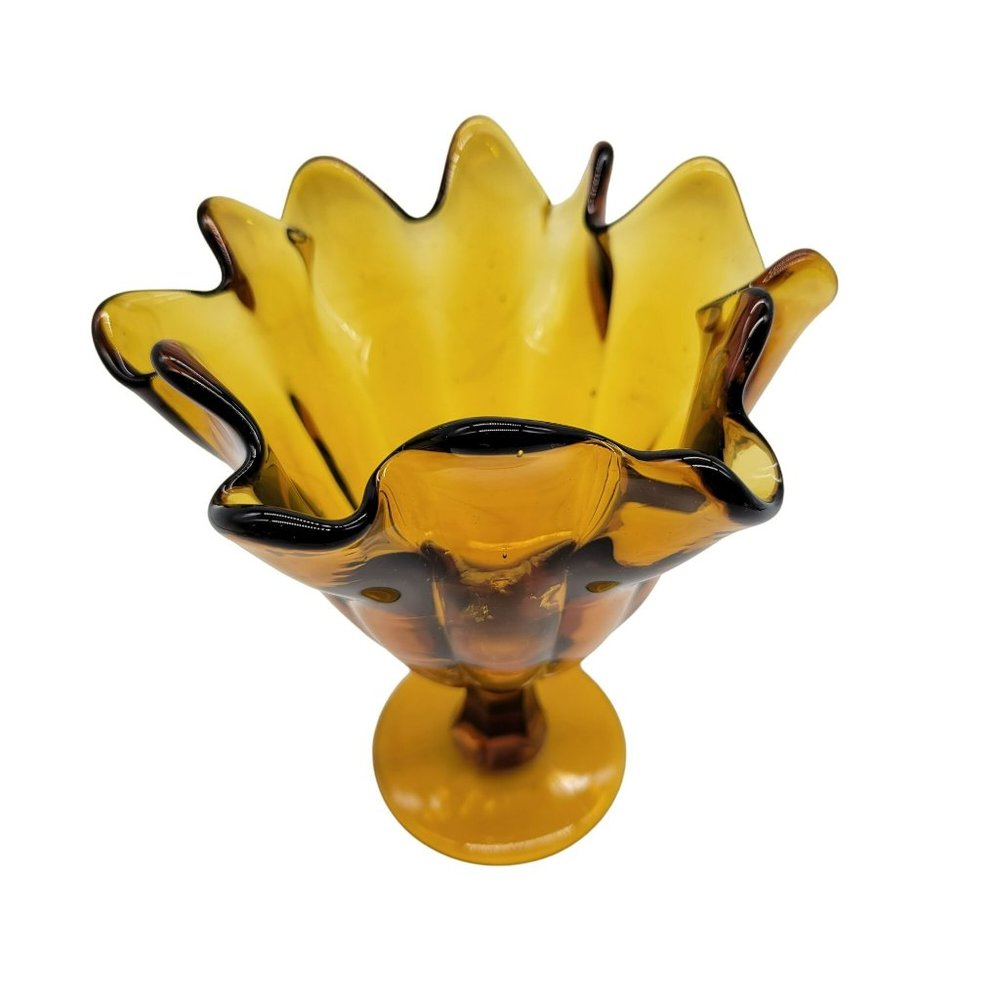 Italian Handkerchief Vase Made in Italy Pedestal Bowl Candy Dish Amber Glass